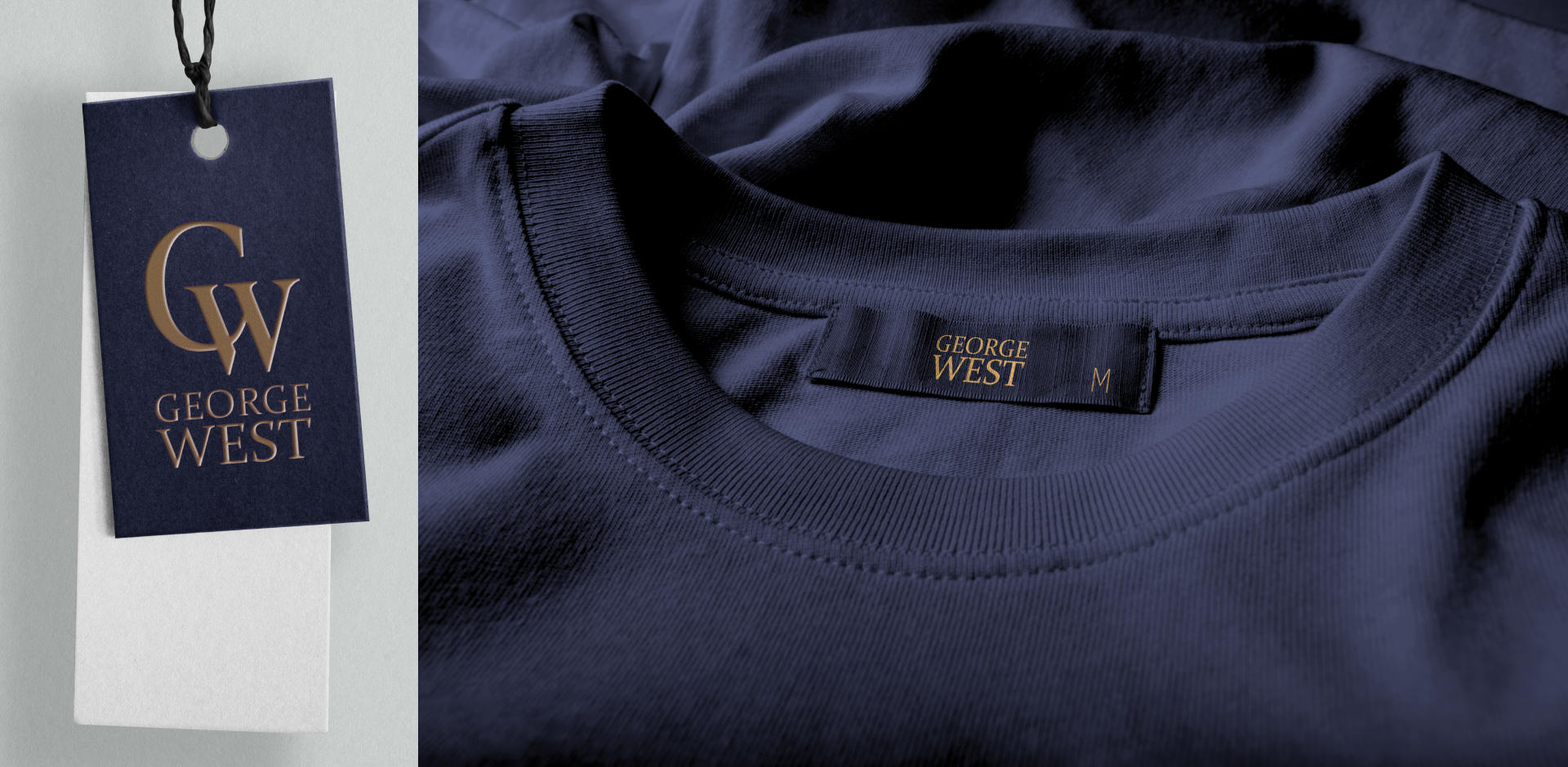George West logo displayed on a navy blue t-shirt label, showcasing premium branding for clothing