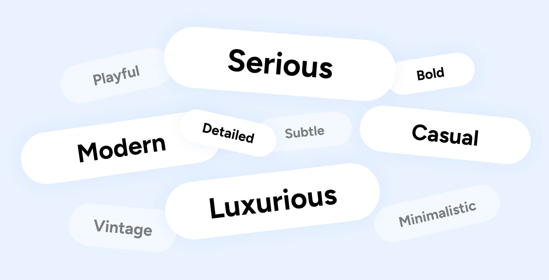 Brand personality keywords like Serious, Detailed, and Luxurious in bold pill-shaped bubbles