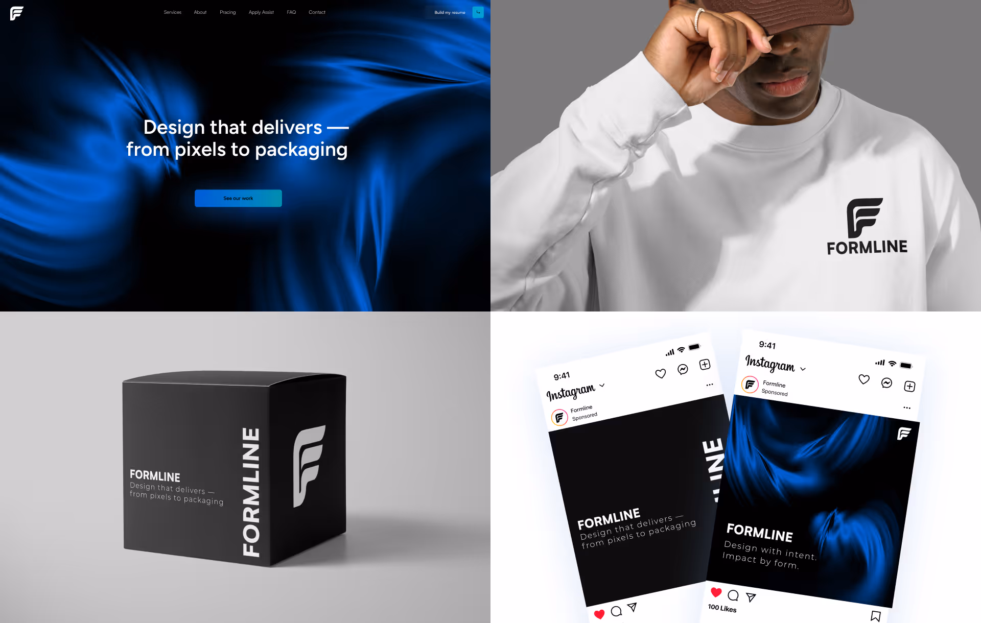 Clothing brand logo shown on website, apparel, packaging, and Instagram ads to demonstrate versatile branding.
