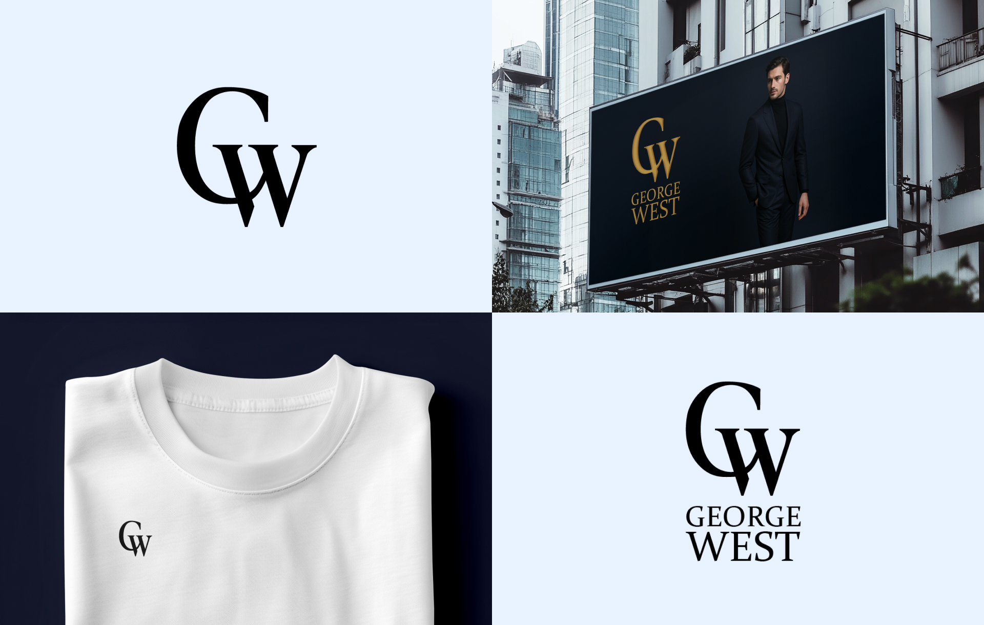 Logo mockup for George West, displayed on a billboard, t-shirt, and standalone design, showcasing branding versatility