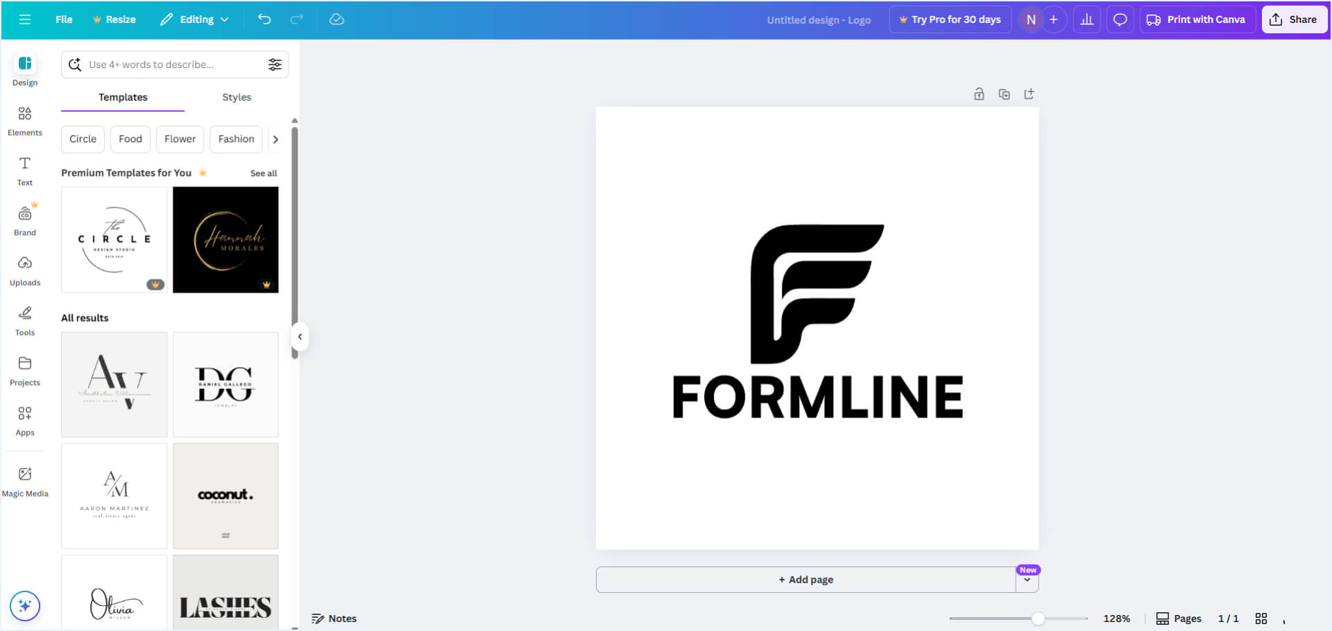 Logo design in Canva, showing a simple and clean interface for creating professional logos