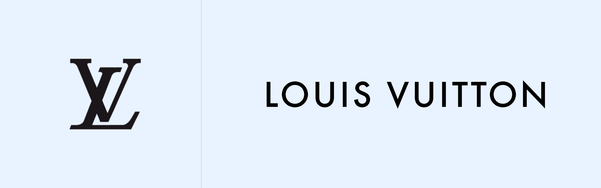 Louis Vuitton logo on a light blue background, highlighting a luxury brand’s elegant typography