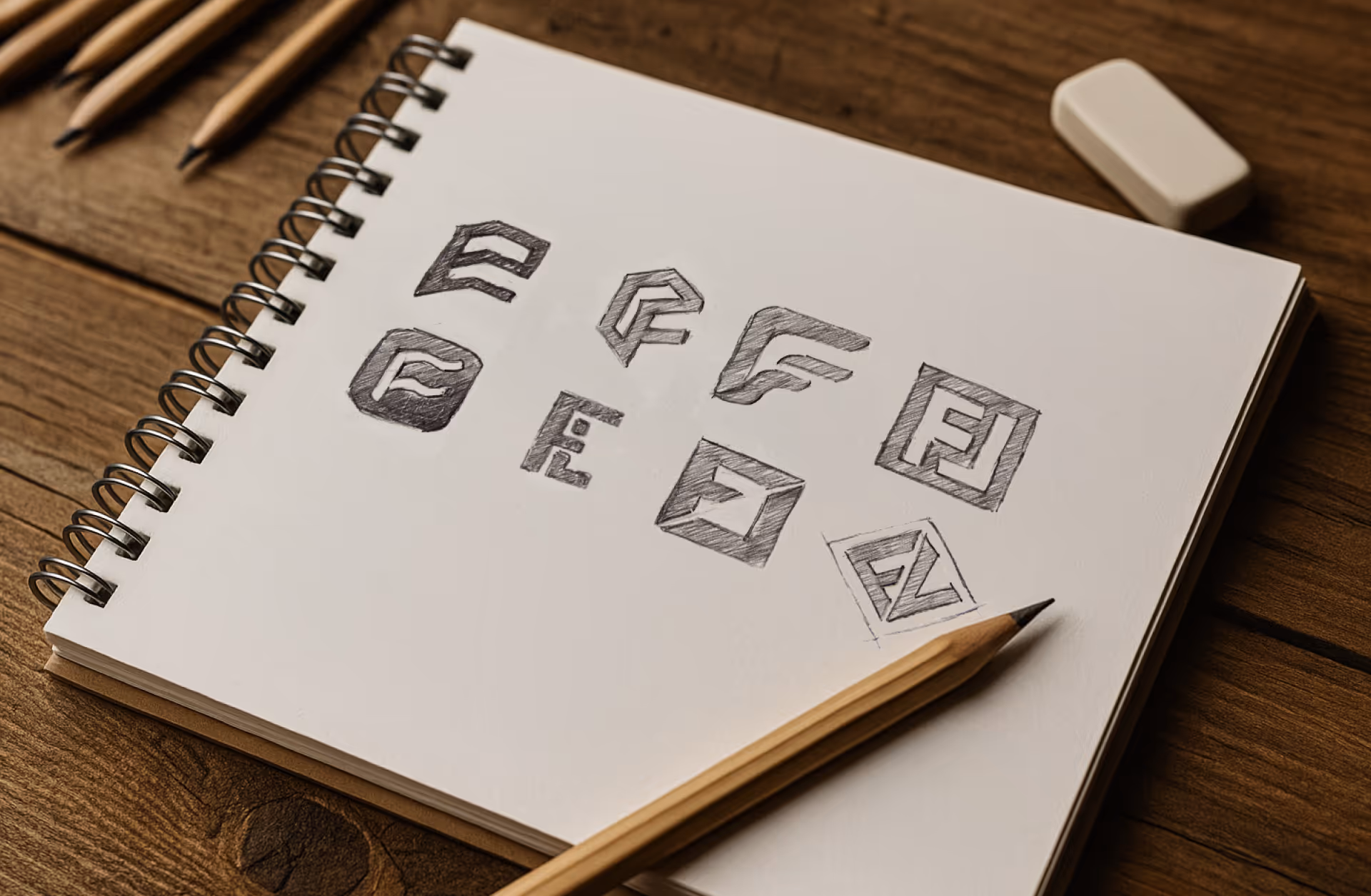A notebook with rough sketches of logo concepts, showcasing the brainstorming phase of logo creation